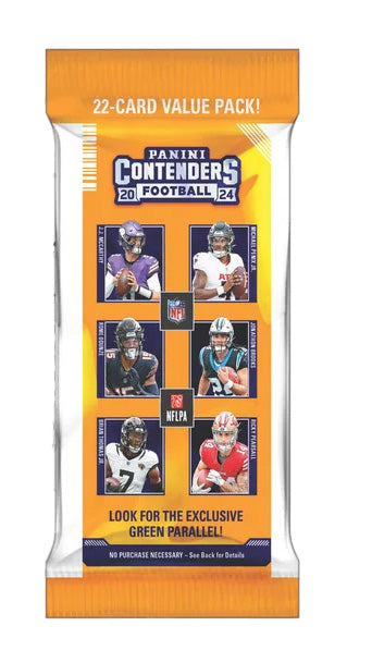 Panini Contenders 2024 football trading card pack with player images on an orange and white background.