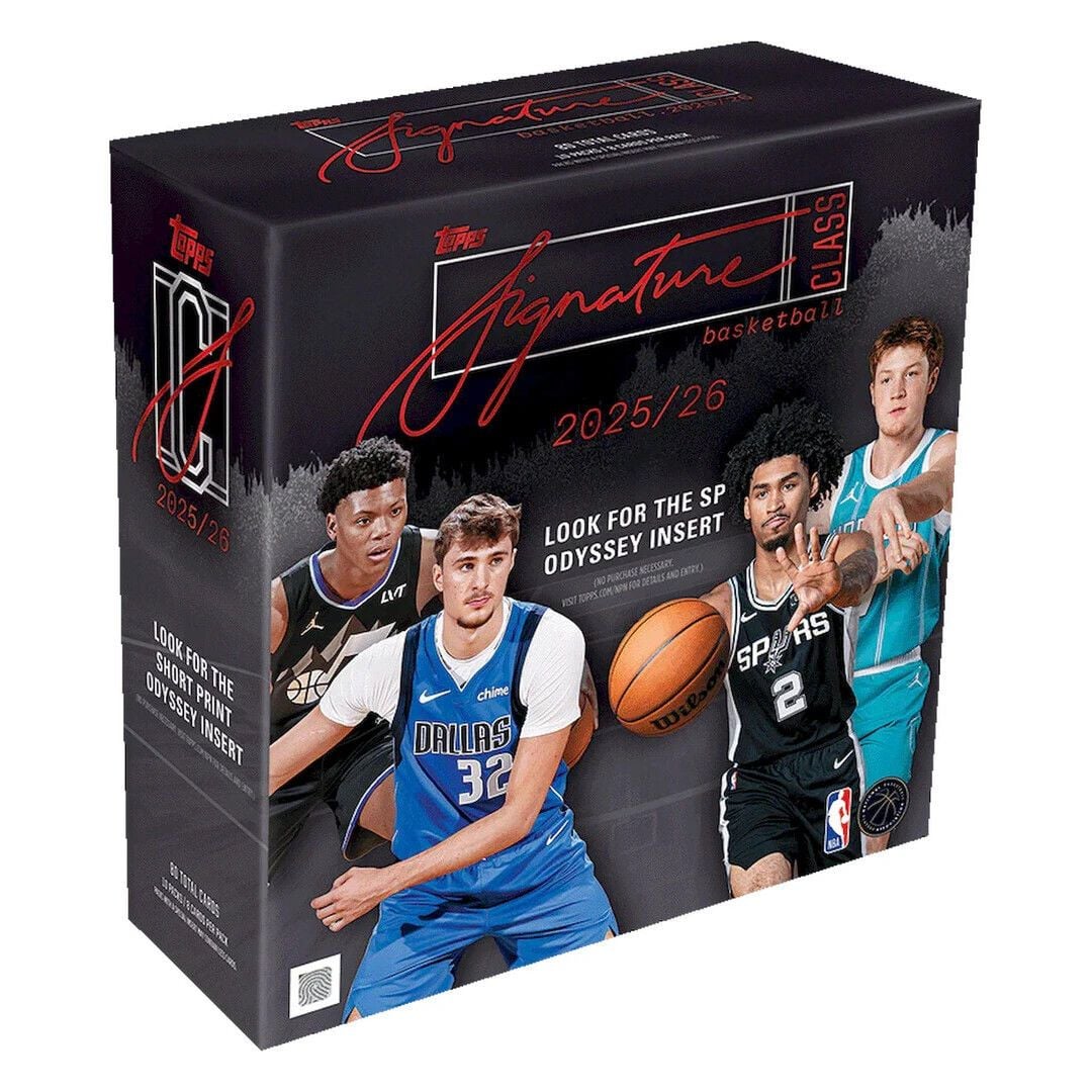 Topper Class 1 Signature Basketball 2025/26 trading card box featuring basketball player portraits of Luka Doncic, Kyrie Irving, and Stephon James on a dark background.