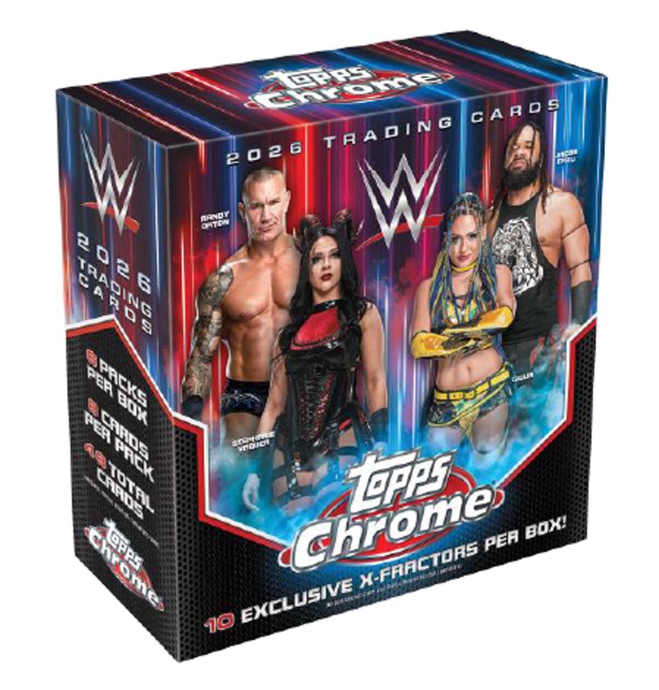 Topps Chrome WWE trading card box with four wrestlers on a white background