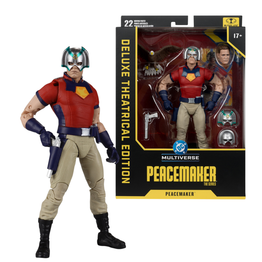 Action figure of Peacemaker from the Multiverse series with packaging