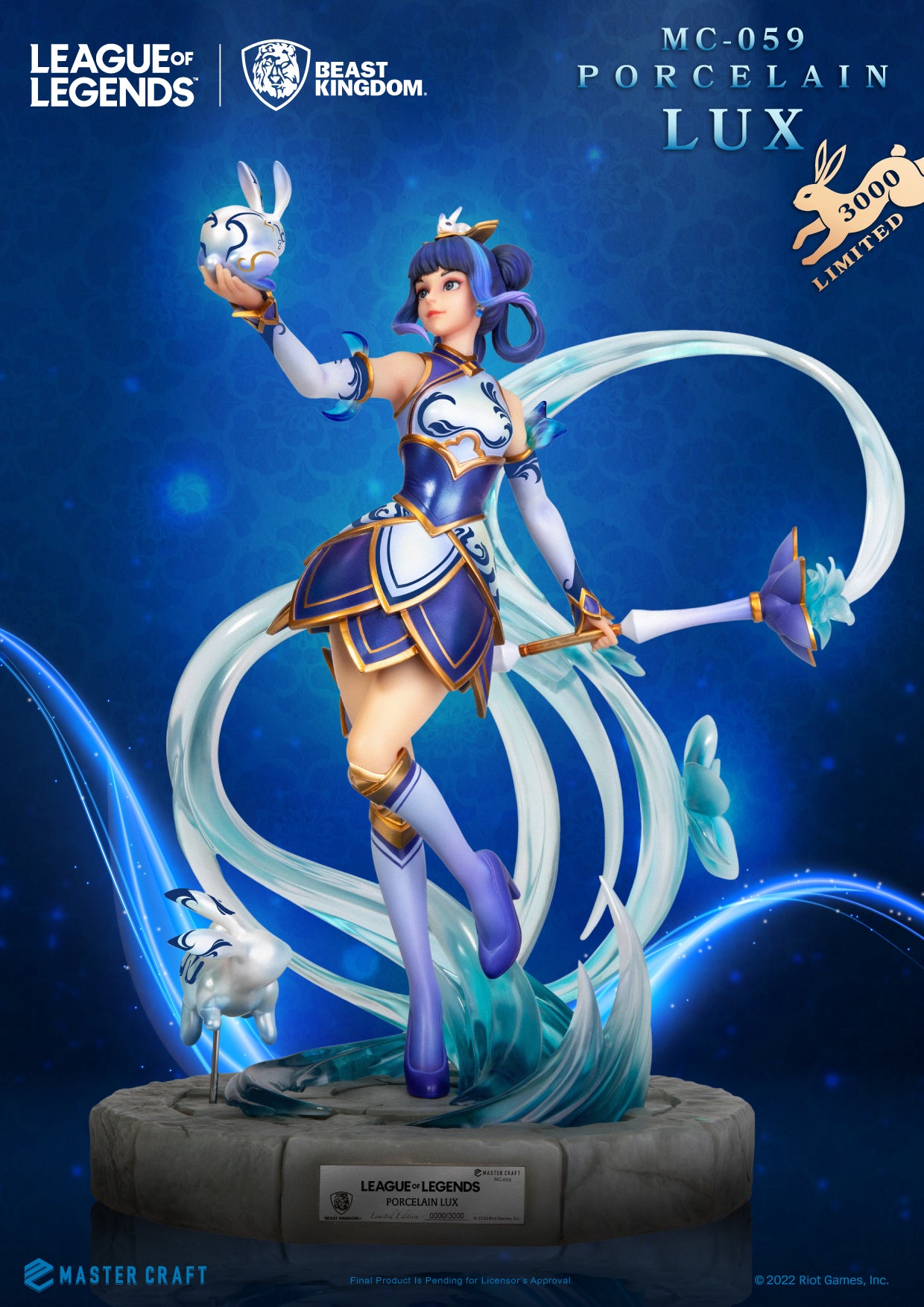 A statue of the League of Legends character Lux, the Lady of Luminosity, designed in a blue and white porcelain style, holding a porcelain rabbit and a lotus-shaped wand, with a dynamic pose on a blue background.