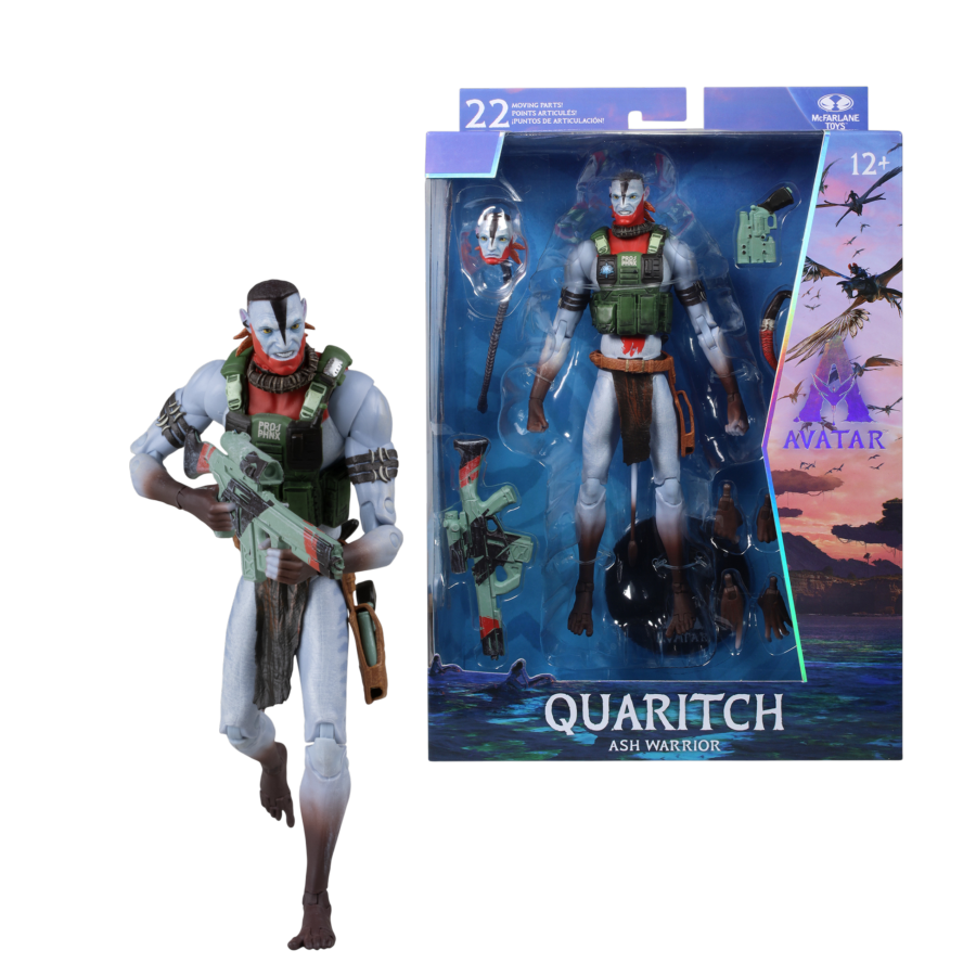 Action figure of Quaritch from Avatar with packaging on a white background