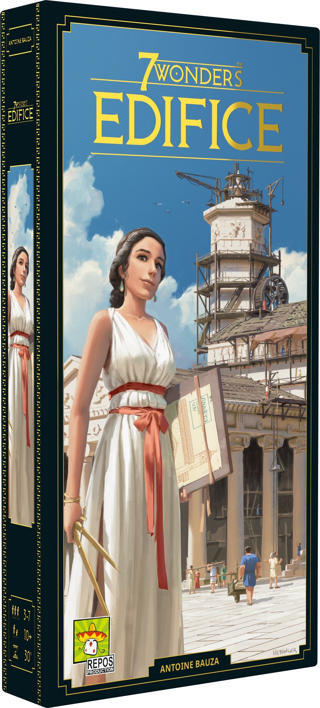 Board game box for '7 Wonders Edifice' with a woman in a white dress and a lighthouse in the background.