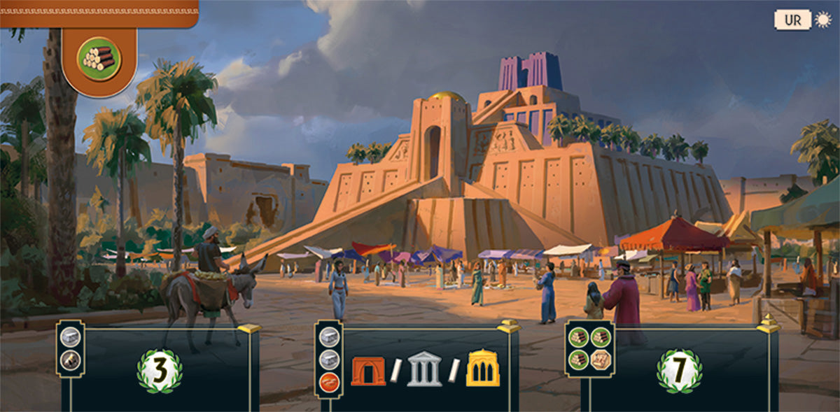 Screenshot of a video game with a desert temple and market scene.