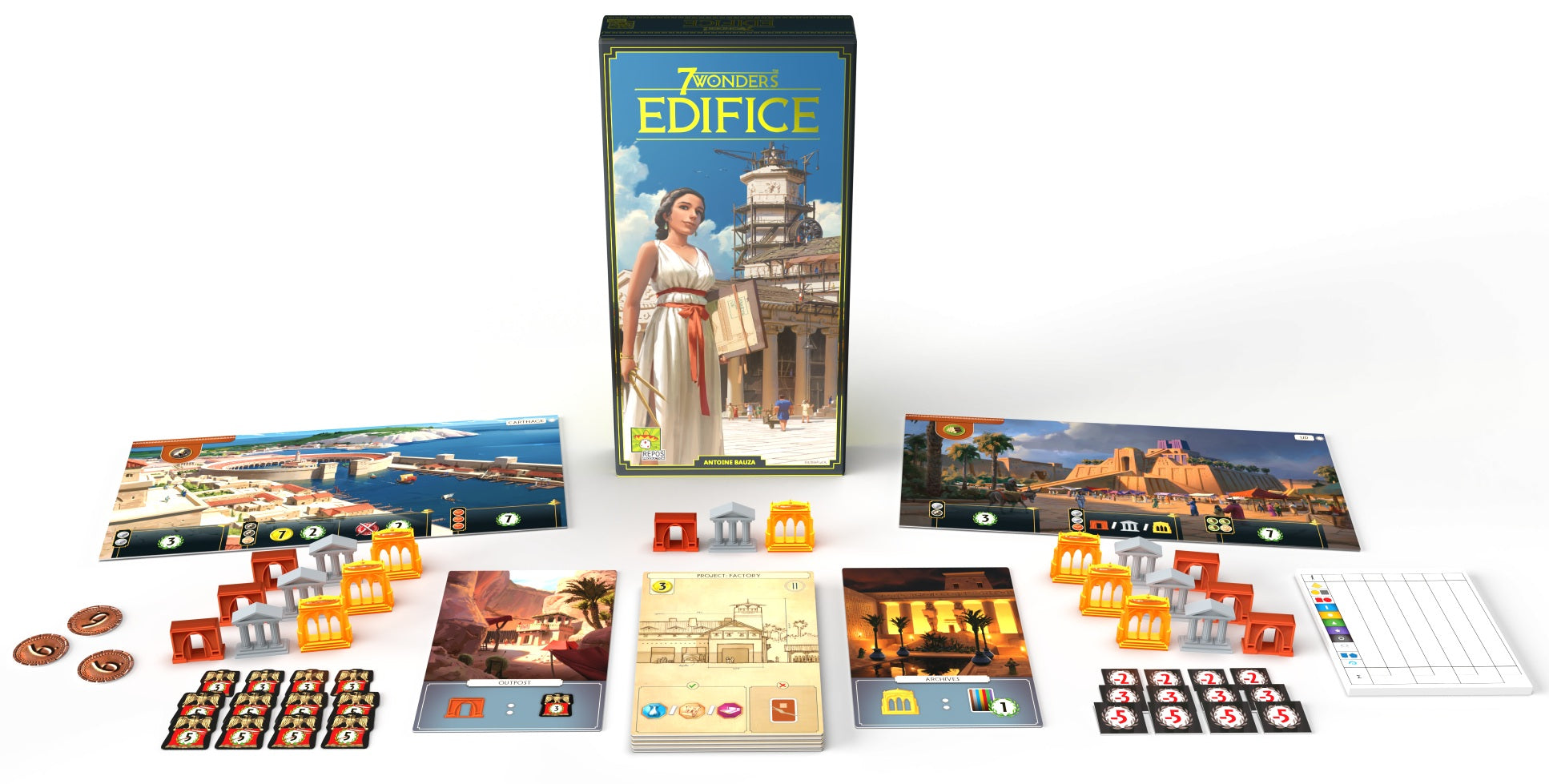 Board game set with '7 Wonders Edifice' packaging on a white background