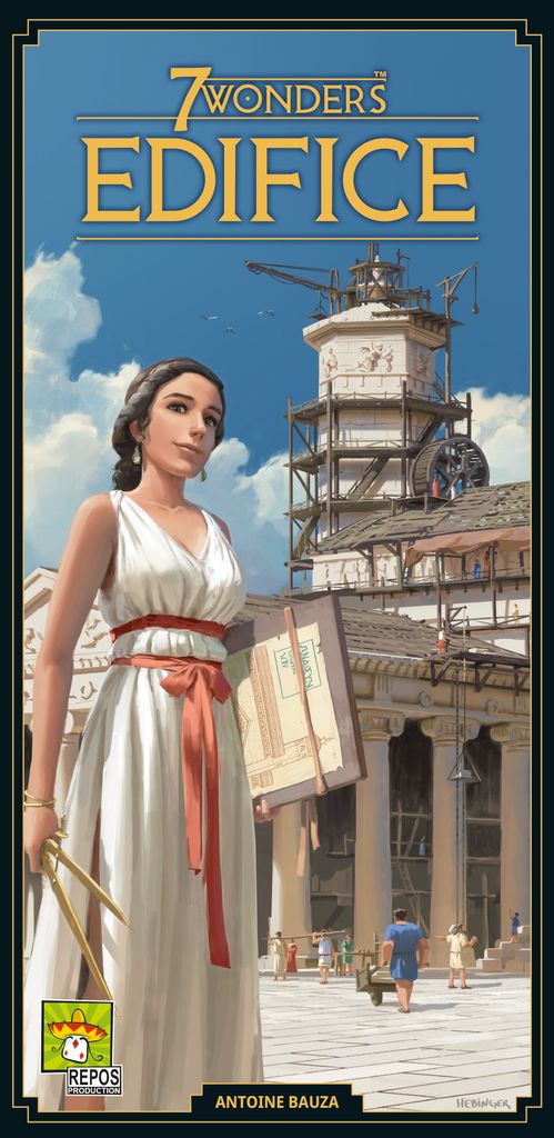 Board game box for '7 Wonders: Edifice' featuring a woman in a white dress and a tower.