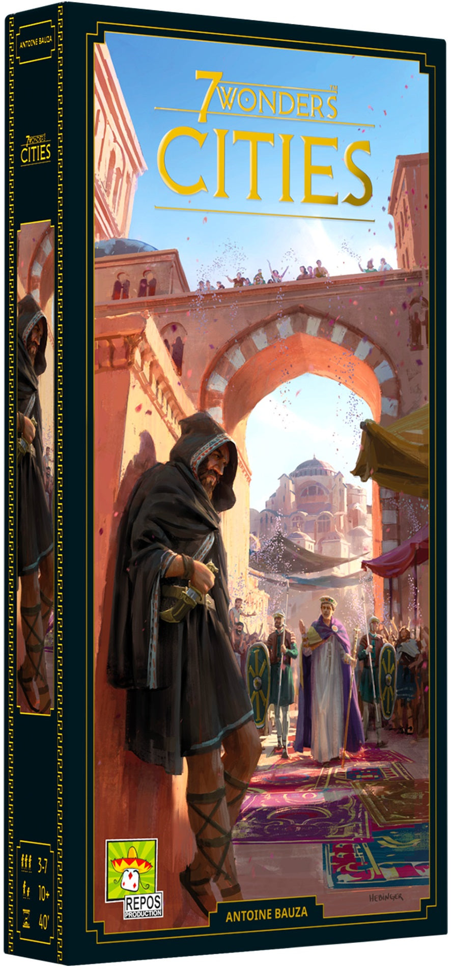Board game box cover for '7 Wonders - Cities Expansion (New Edition)' featuring illustrated images of ancient cities and a character in a robe.