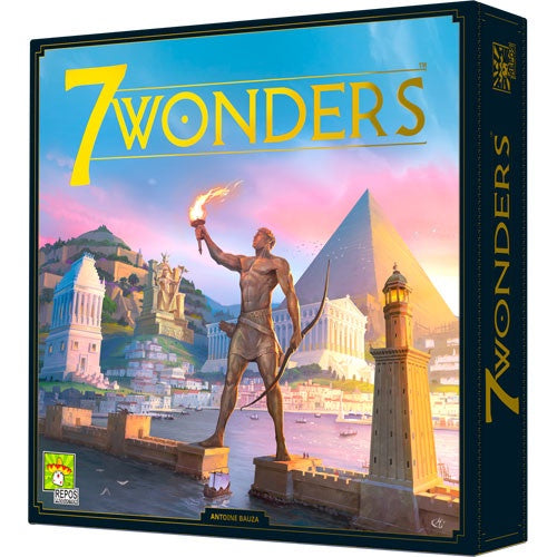 Box cover art for the board game 7 Wonders, featuring an illustration of ancient wonders and a statue holding a torch.