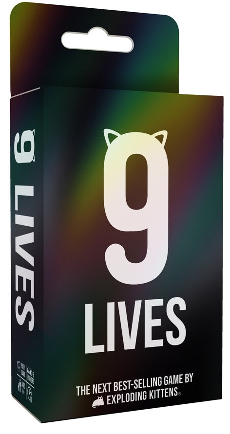 The retail packaging box for the board game '9 Lives' by Exploding Kittens, featuring a dark background with a vibrant iridescent rainbow gradient and a large white '9' with cat ears.
