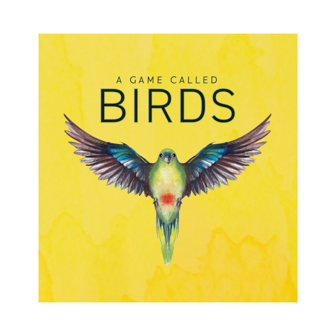 Book cover of 'A Game Called Birds' with a colorful bird illustration on a yellow background