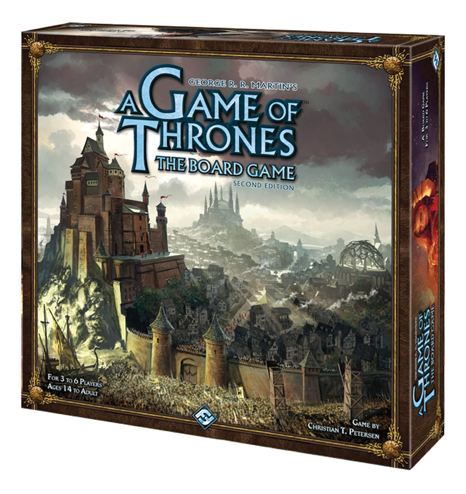 Board game box for 'A Game of Thrones' with a fantasy cityscape on the cover. A Game of Thrones: The Board Game Second Edition.