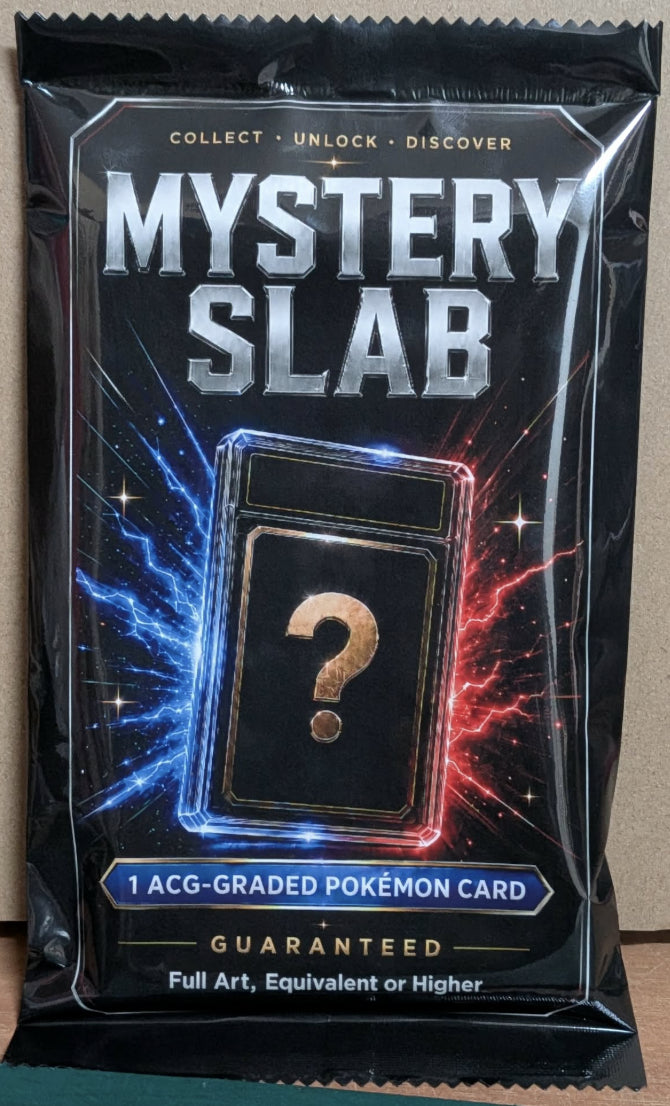 A sealed black Pokémon 'Mystery Slab' booster pack featuring a graphic of a black card with a gold question mark, surrounded by blue and red energy effects, on a neutral surface.