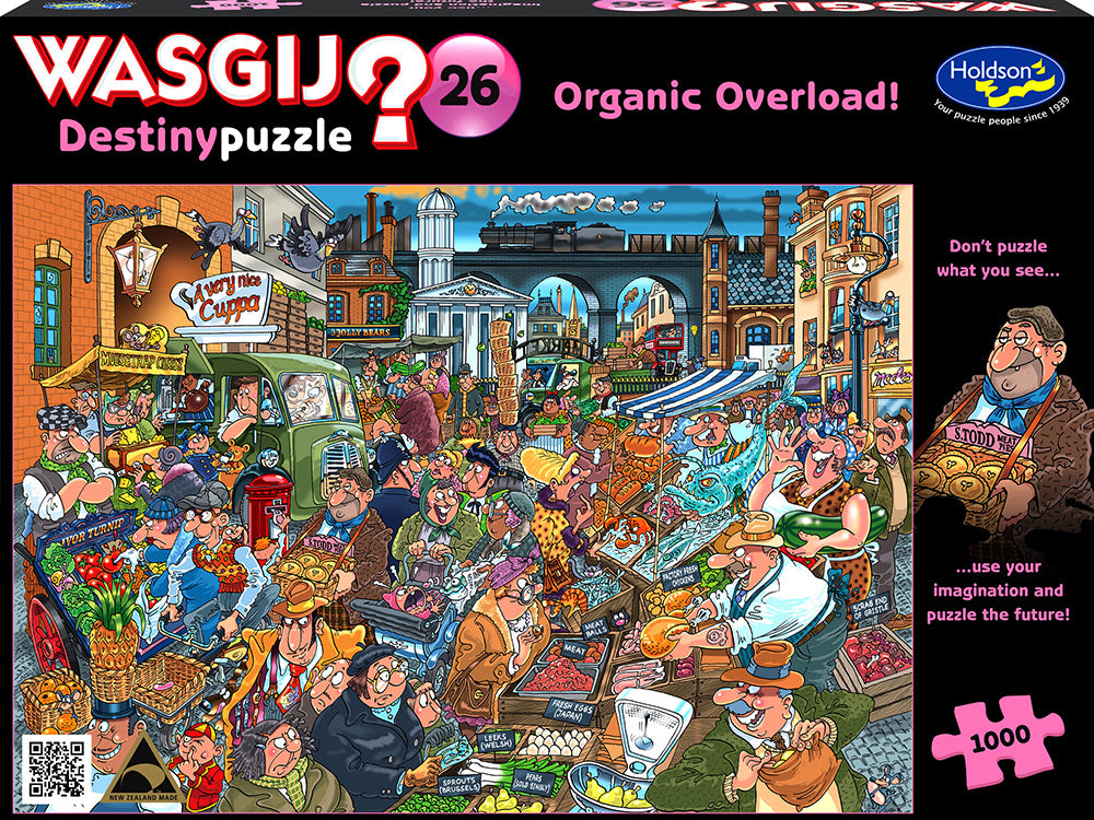 Jigsaw puzzle box with colorful illustration of a market scene and 'Wasgij' branding.