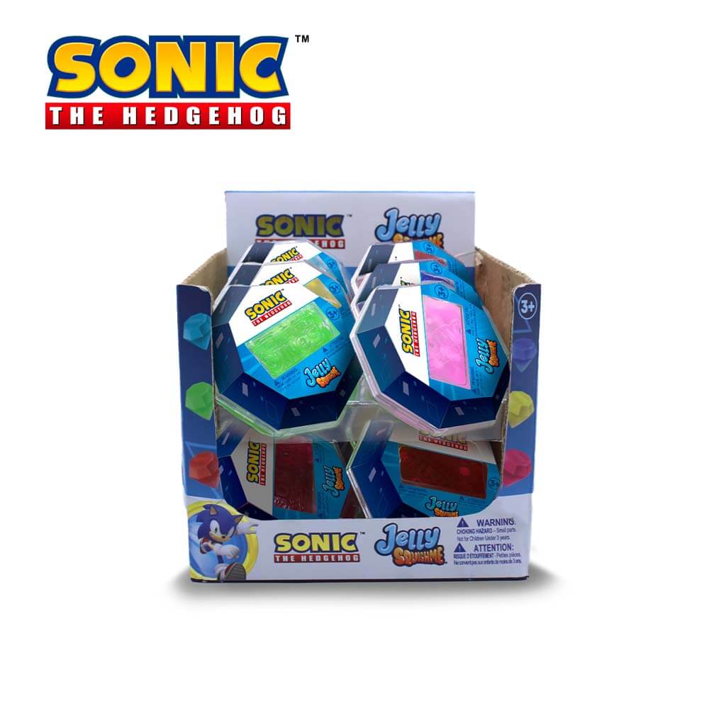 A Sonic the Hedgehog Jelly Gem display box containing multiple individual Jelly Gem packs, shown on a white background with the Sonic the Hedgehog logo in the top left corner.