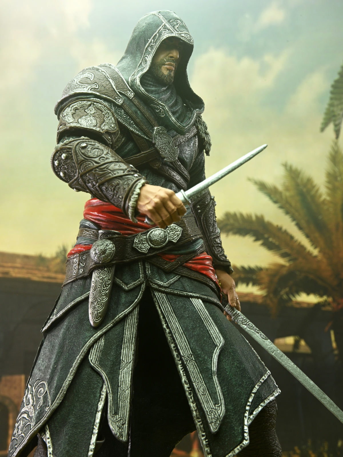Character in detailed armor holding a sword with a desert landscape in the background