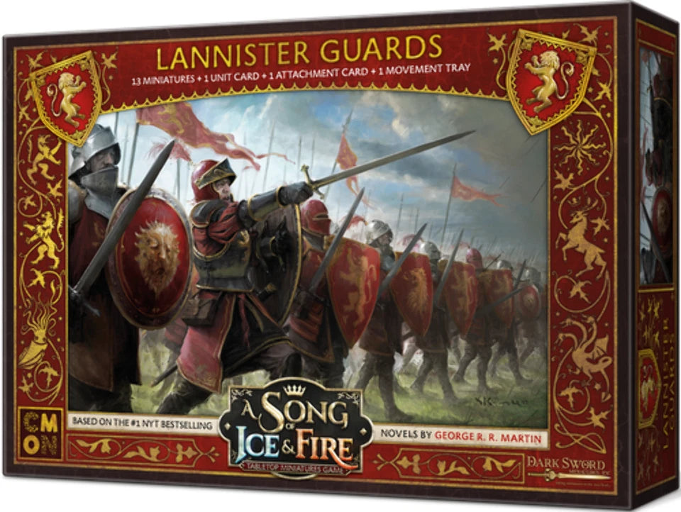 Game box for 'Lannister Guards' from 'A Song of Ice and Fire' series with soldiers and banners on the cover.