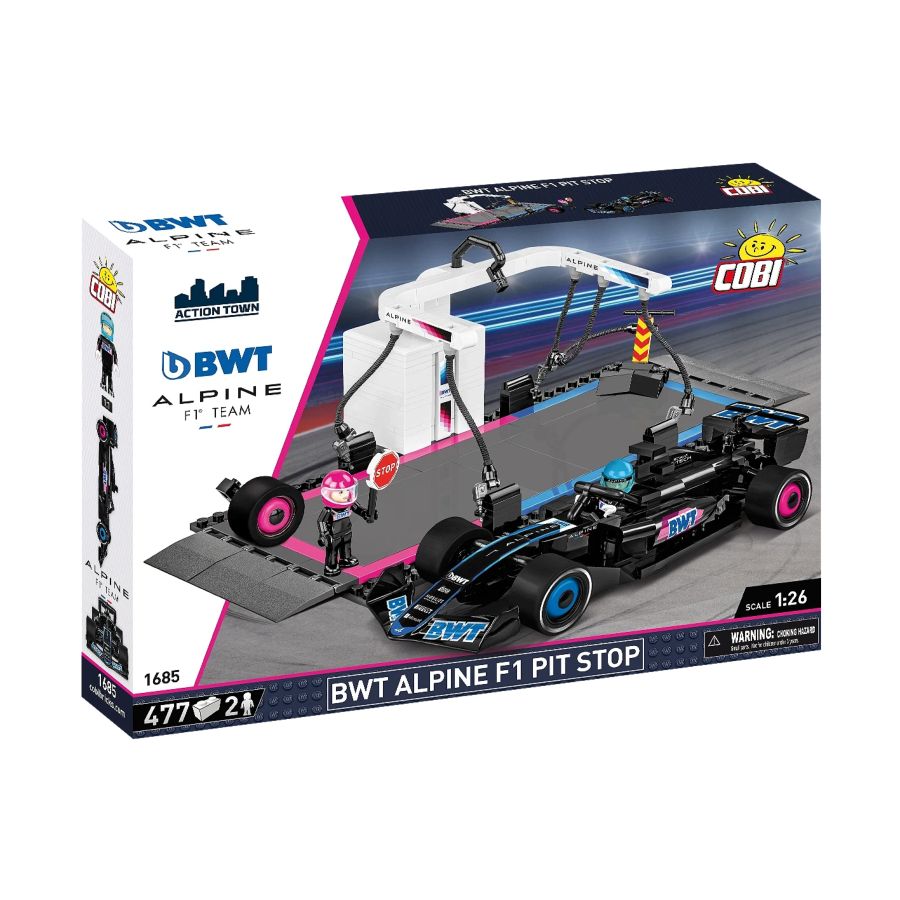 Image features boxes cover art of assembled product. Action Town - BWT Alpine F1 Pit Stop Car Construction Set (490 Pieces).