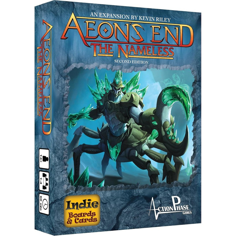 Blue cardboard packaging with green crystallised monster on the cover, green crystal spikes on it's back and red/orange font.