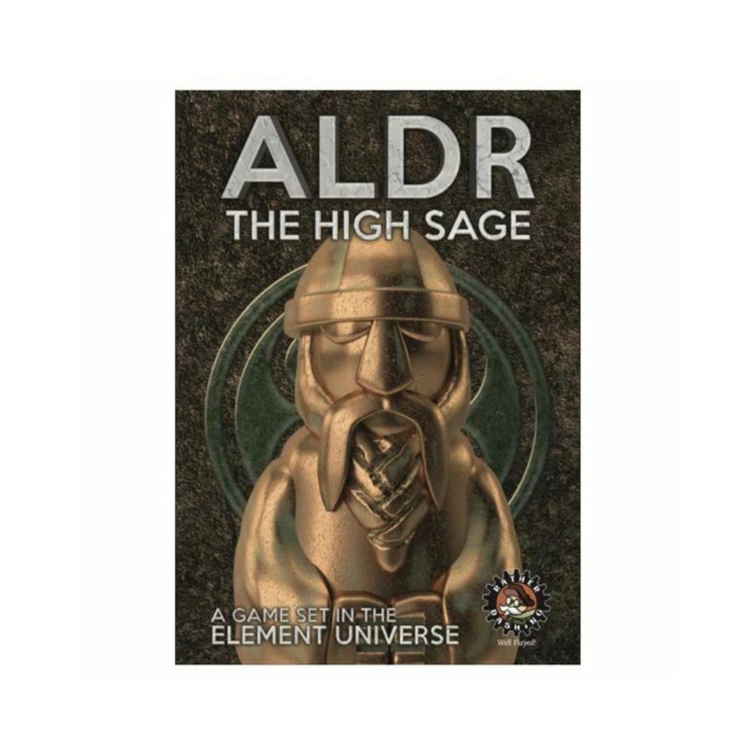 Book cover of 'ALDR The High Sage' with a bronze statue on a dark background