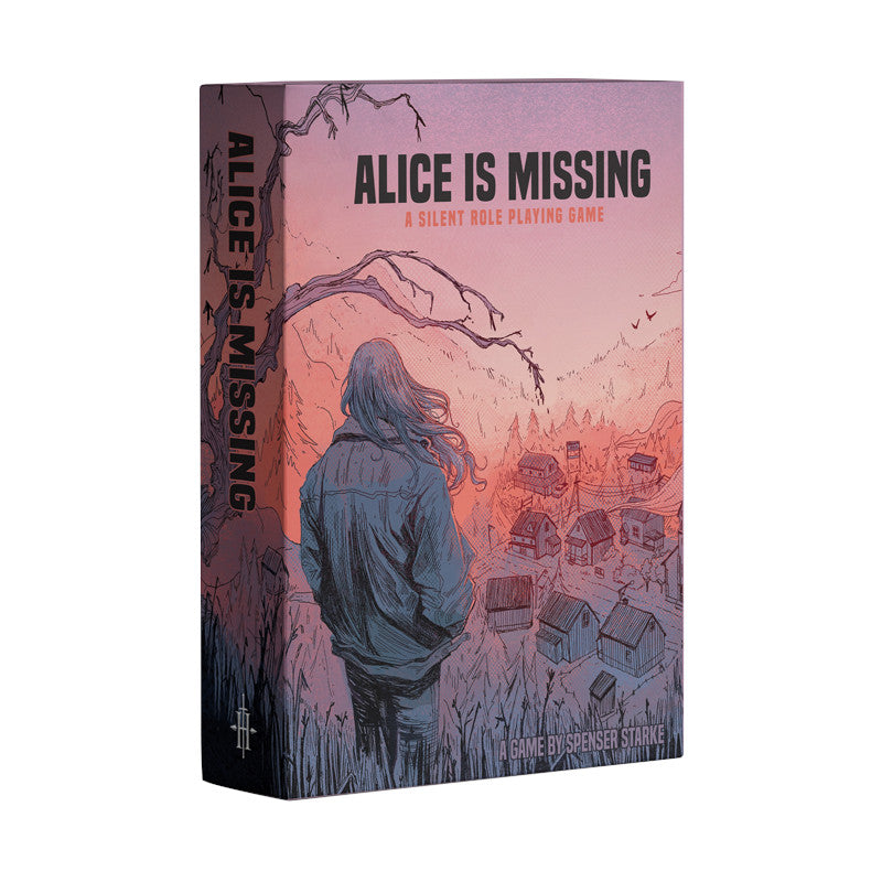 Board game box titled 'Alice is Missing' with a person looking into a forest on a white background