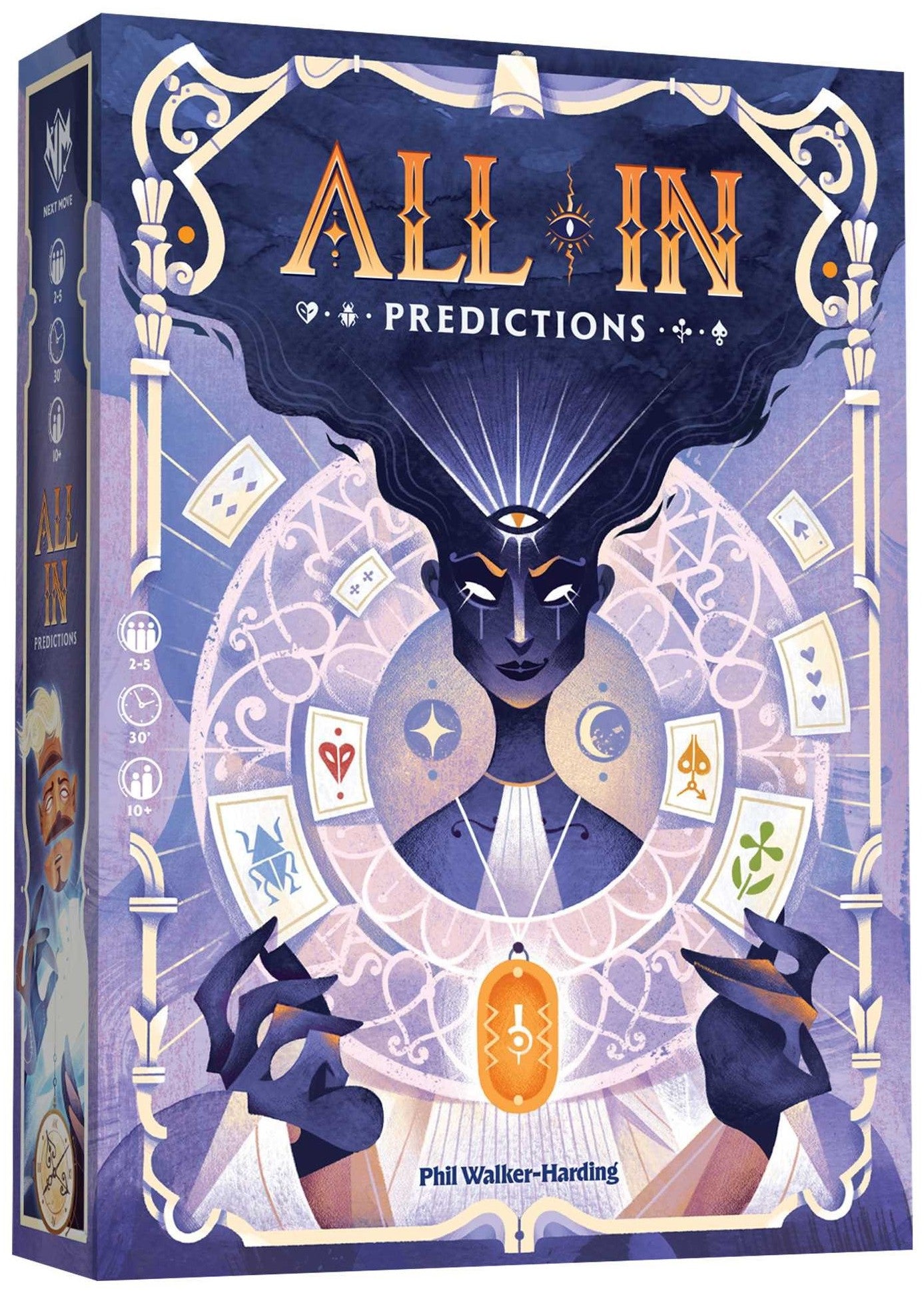 Board game box titled 'All In Predictions' with artistic design and text.