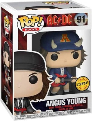 Funko branded packaging with clear window.Angus young figure is adorned with navy suit. 