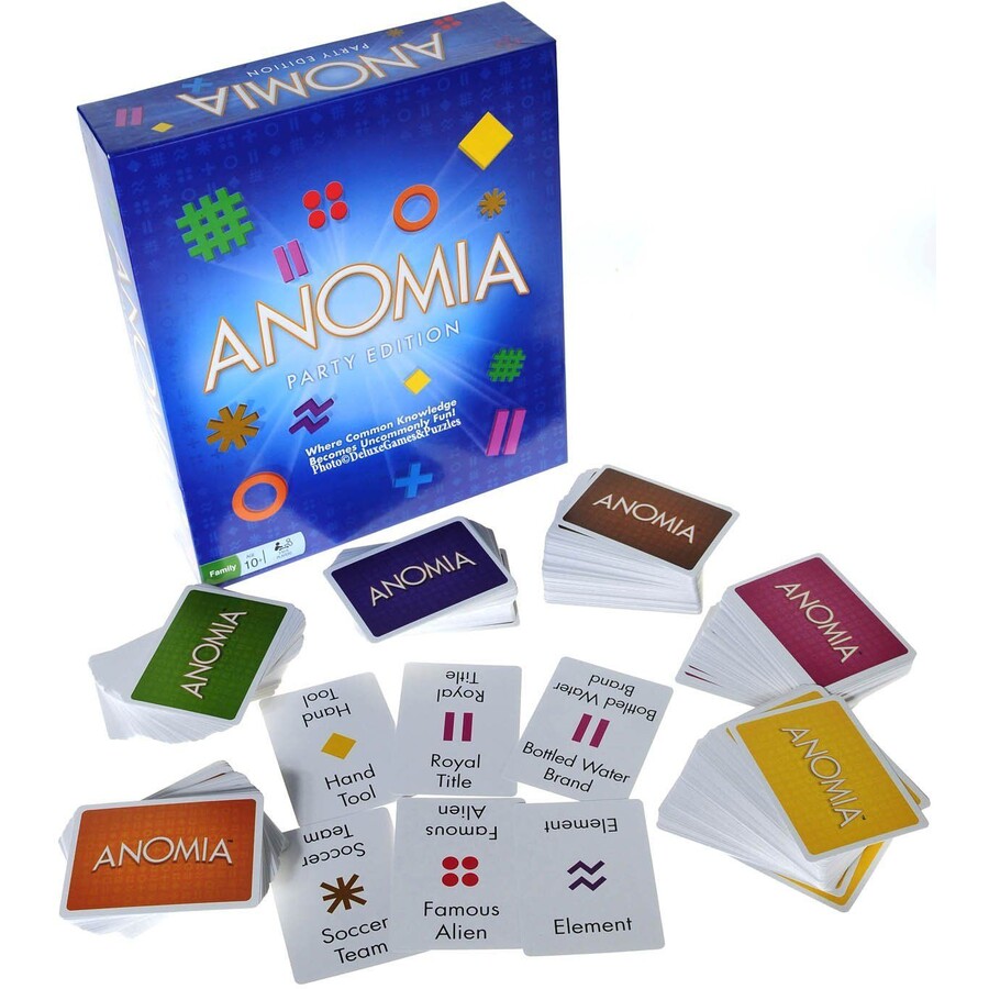 Anomia party edition card game with cards and packaging on a white background