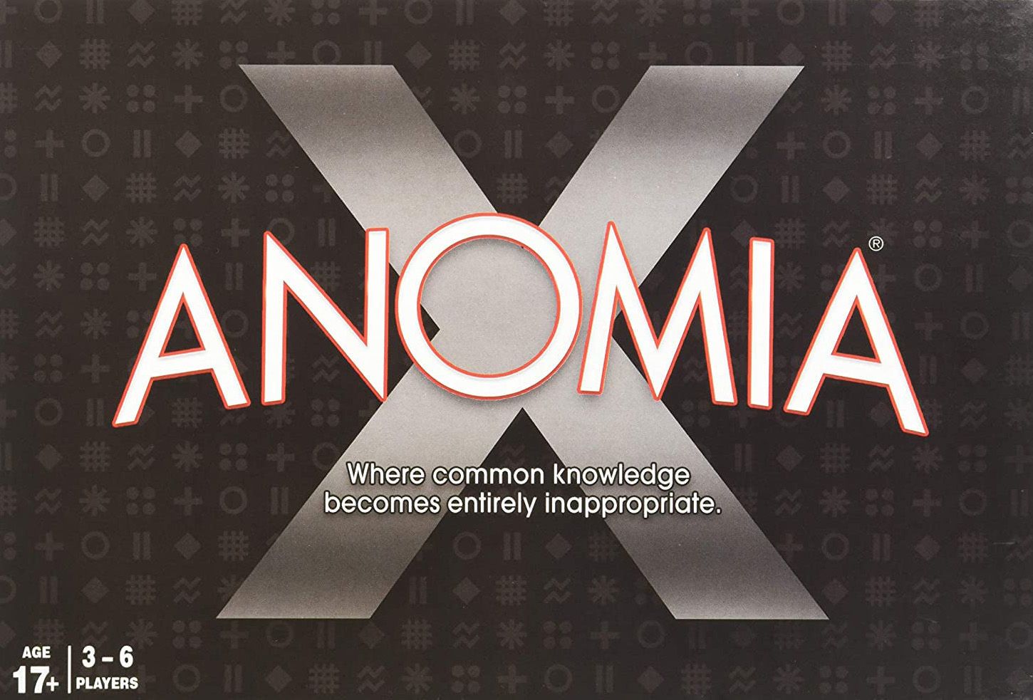 Anomia X game box with stylized 'X' and text on a dark background