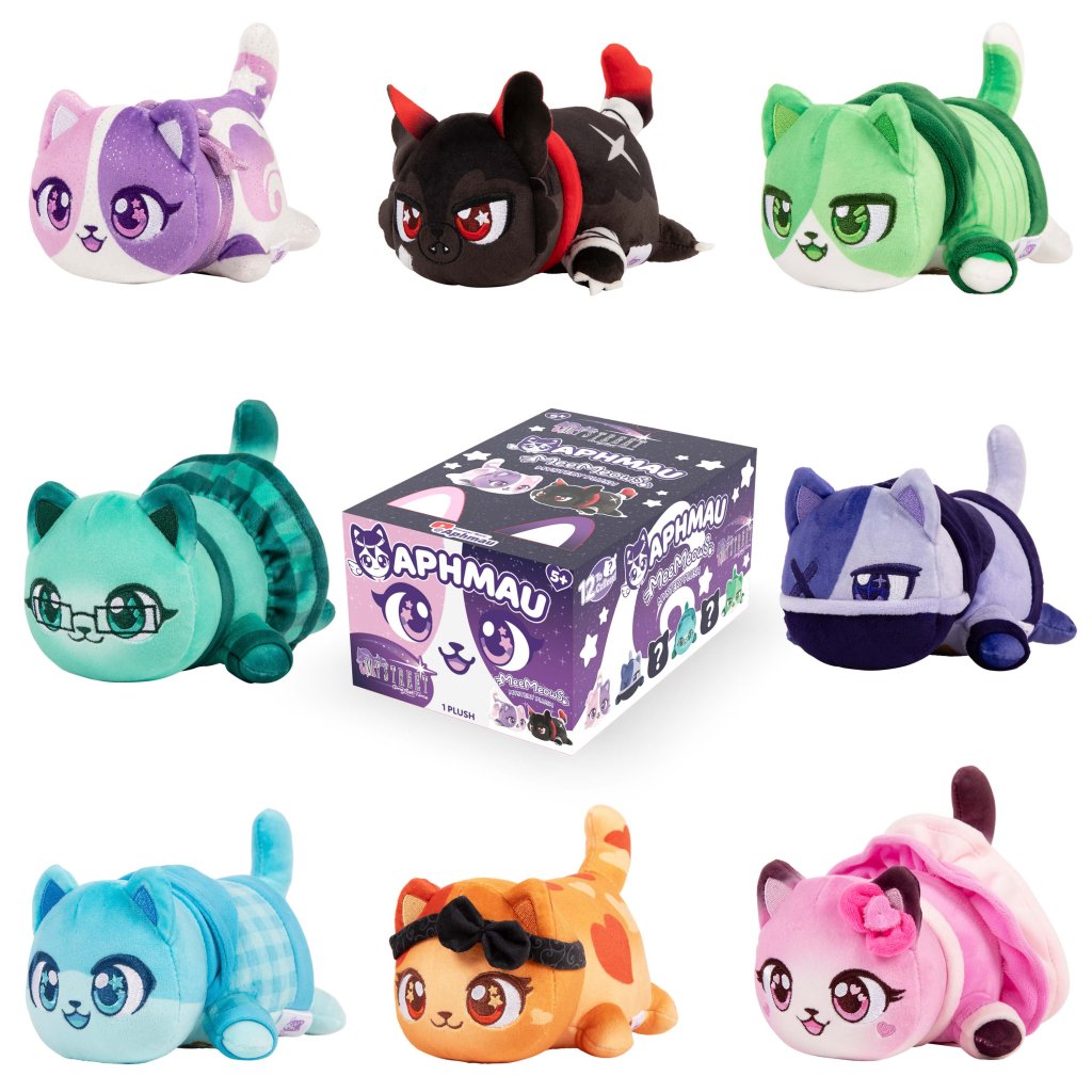 Aphmau branded packaging surrounded by plush mystery box variants. 