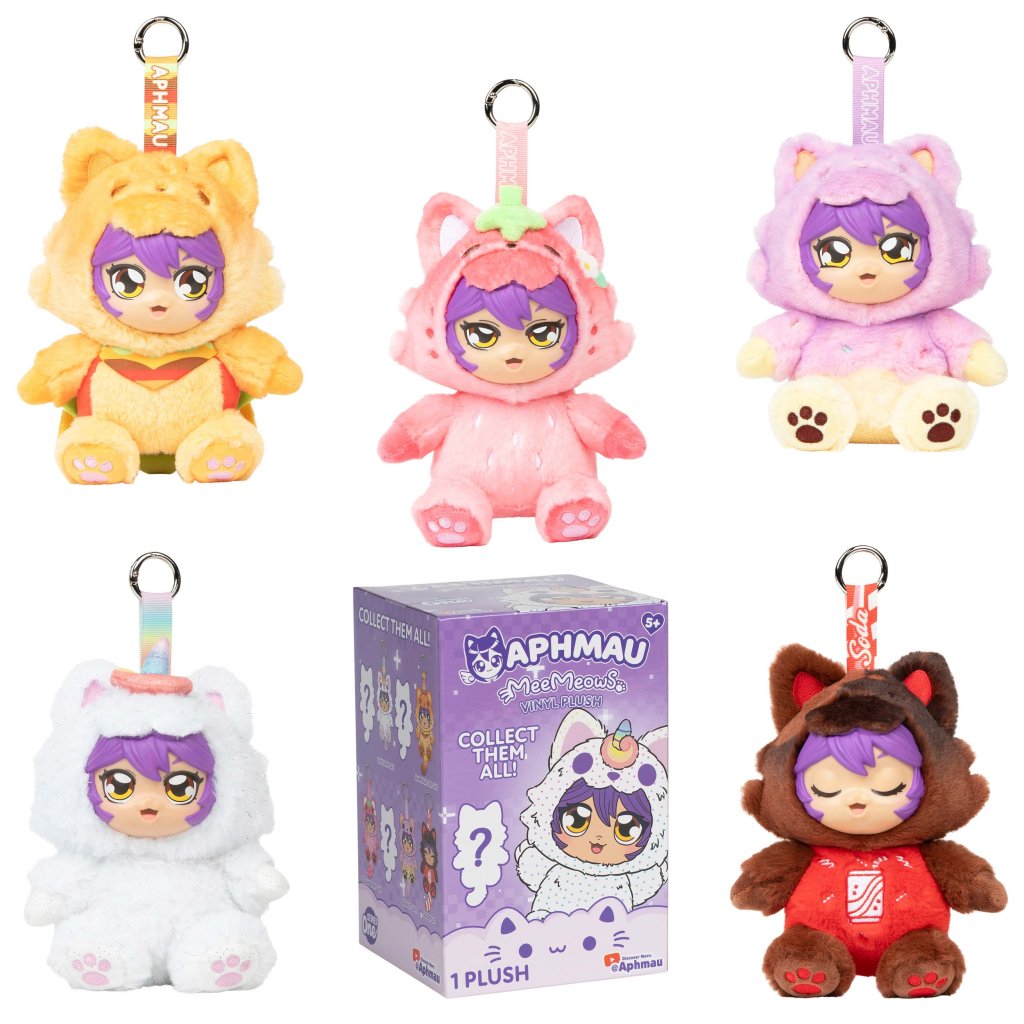 Purple Aphmau branded packaging with purple, pink, white, red and yellow figures around packaging. 