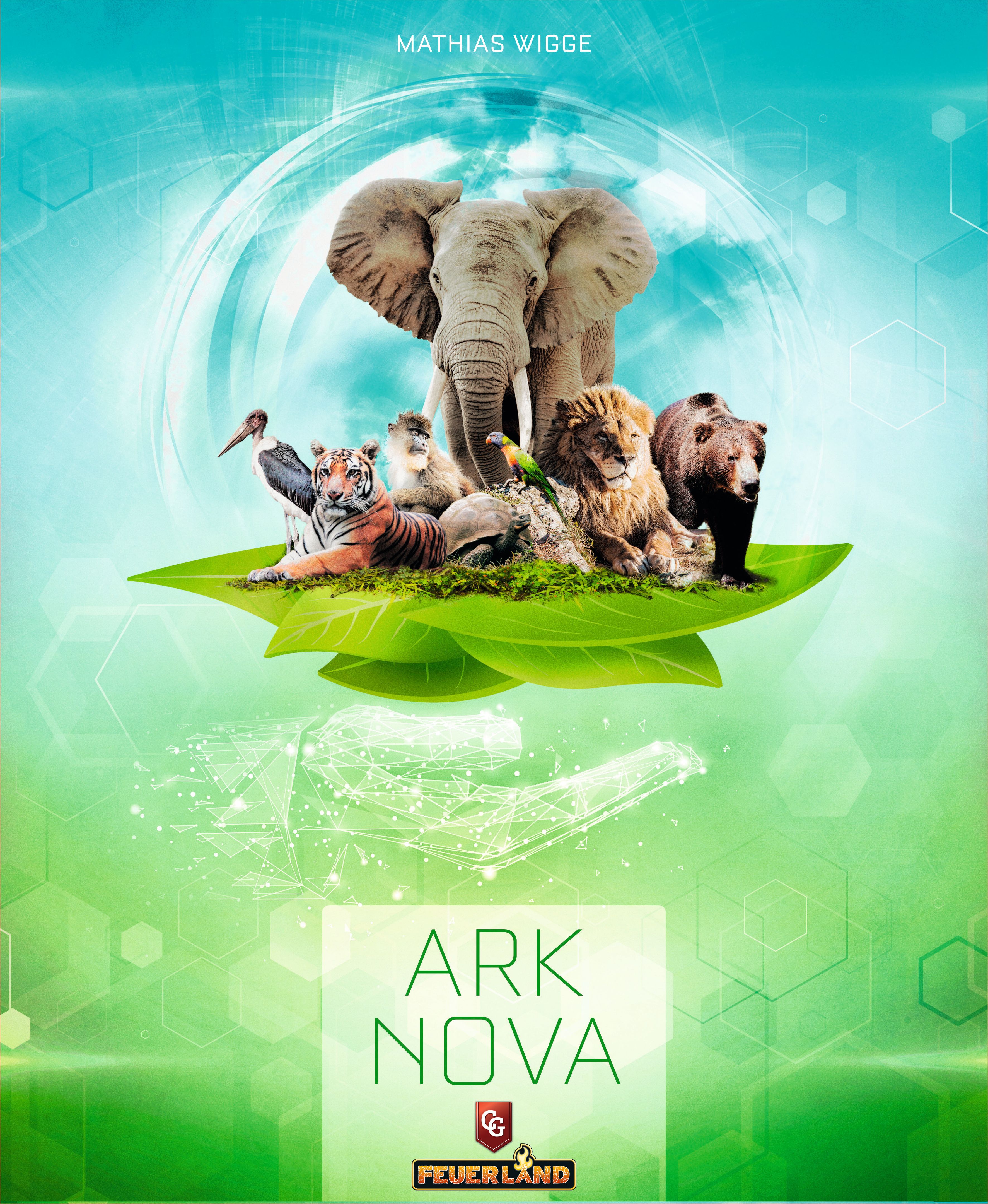 Book cover of 'Ark Nova' featuring animals on a green and blue background