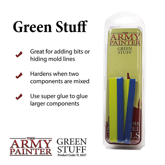 Blue and green strips of clay, in clear plastic packaging. Army Painter - Tools - Kneadite Green Stuff.