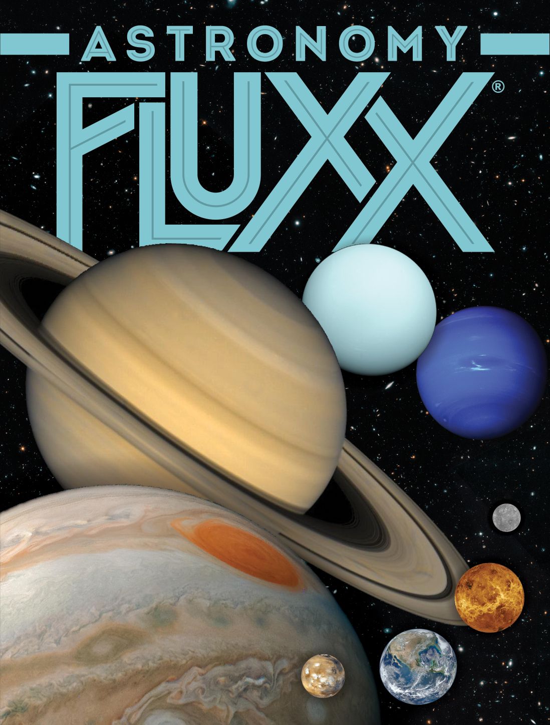 Astronomy Fluxx game cover with planets and space background