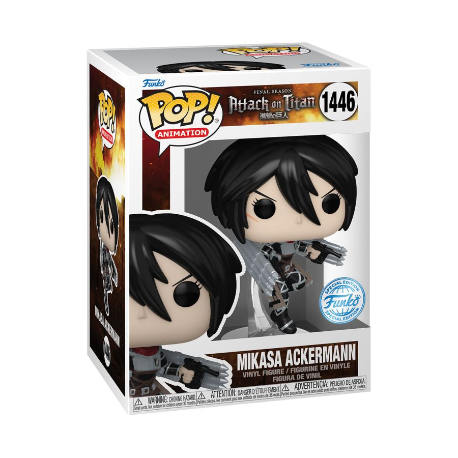 A metallic silver Funko Pop! vinyl figure of Mikasa Ackerman from Attack on Titan, packaged in a window display box.