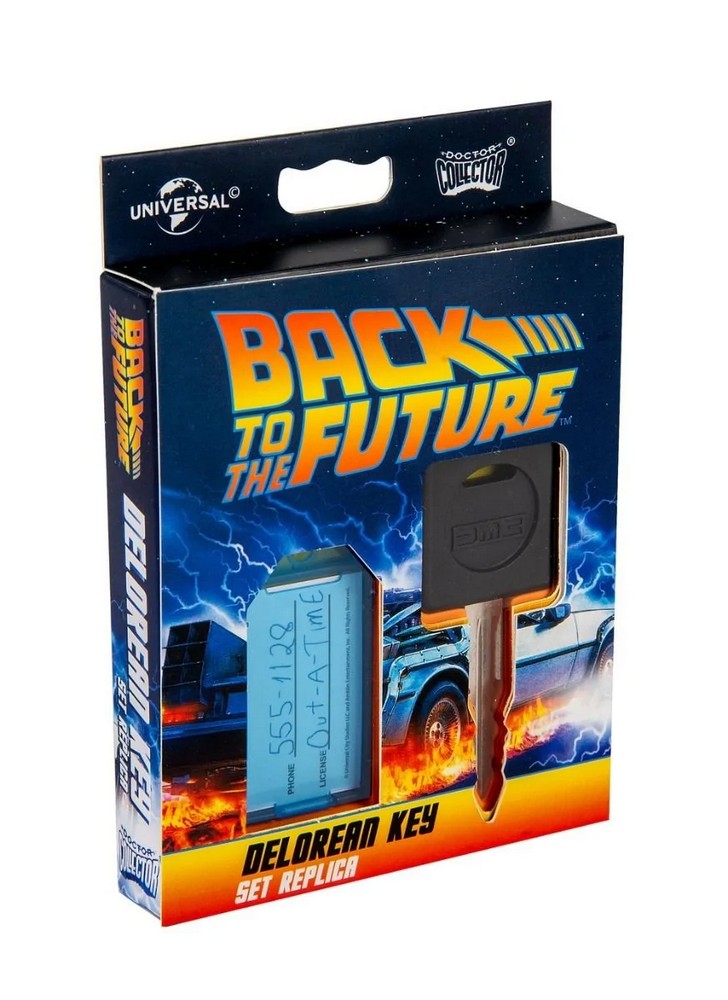 Back to the Future Delorean Key Set Replica in its original retail packaging, featuring a black metal key and a blue magnetic key fob on a white background.