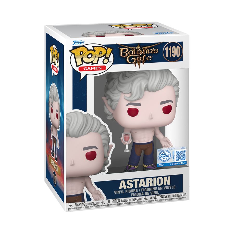 Image shows, Character Astarion from Baldurs gate, shirtless and with red wine glass. Baldur's Gate 3 - Astarion (Shirtless) US Exclusive Pop! Vinyl