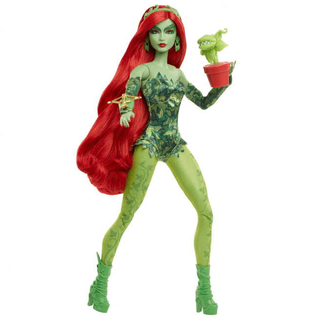 Toy figure of a character with green skin and red hair holding a potted plant on a white background