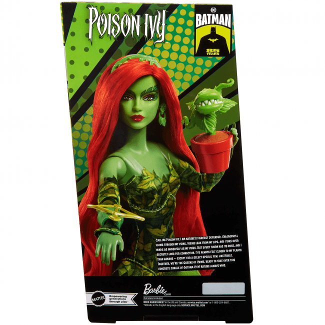 Barbie Poison Ivy figure packaging with green and red design