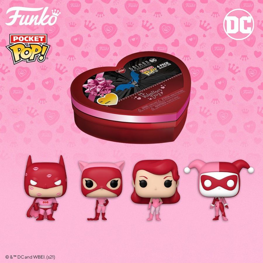 Funko Pocket Pop! figures with a heart-shaped box on a pink background with hearts and crowns.