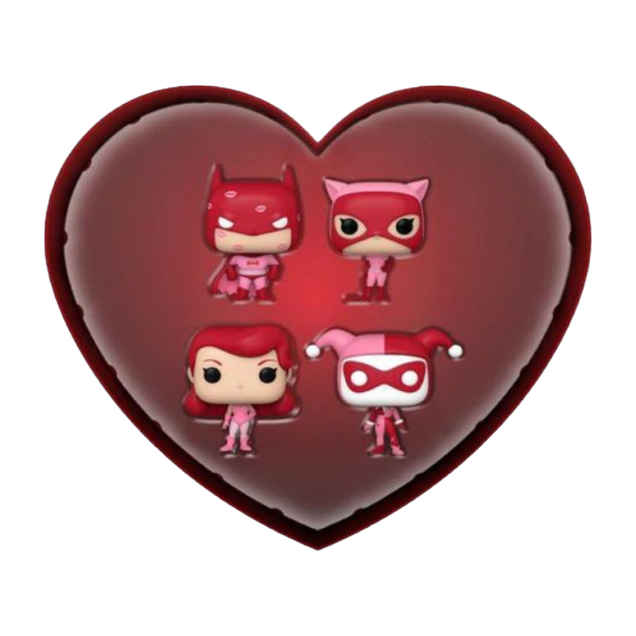 Four superhero-themed figurines in a heart-shaped container on a white background. Batman The Animated Series Valentines Day US Exclusive Pocket Pop! 4-pack