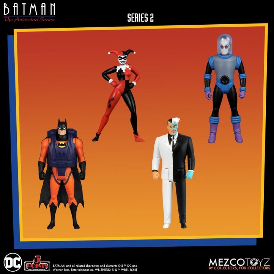 Four action figures from 'Batman: The Animated Series' on a red and orange background with Mezco Toyz branding.