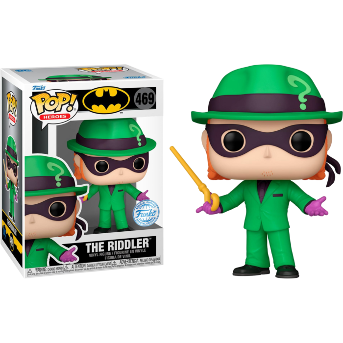 Funko Pop! Heroes The Riddler vinyl figure number 469, shown standing next to its retail box on a plain white background. The figure wears a bright green suit and hat with a black mask, holds a yellow staff, and has purple gloves.