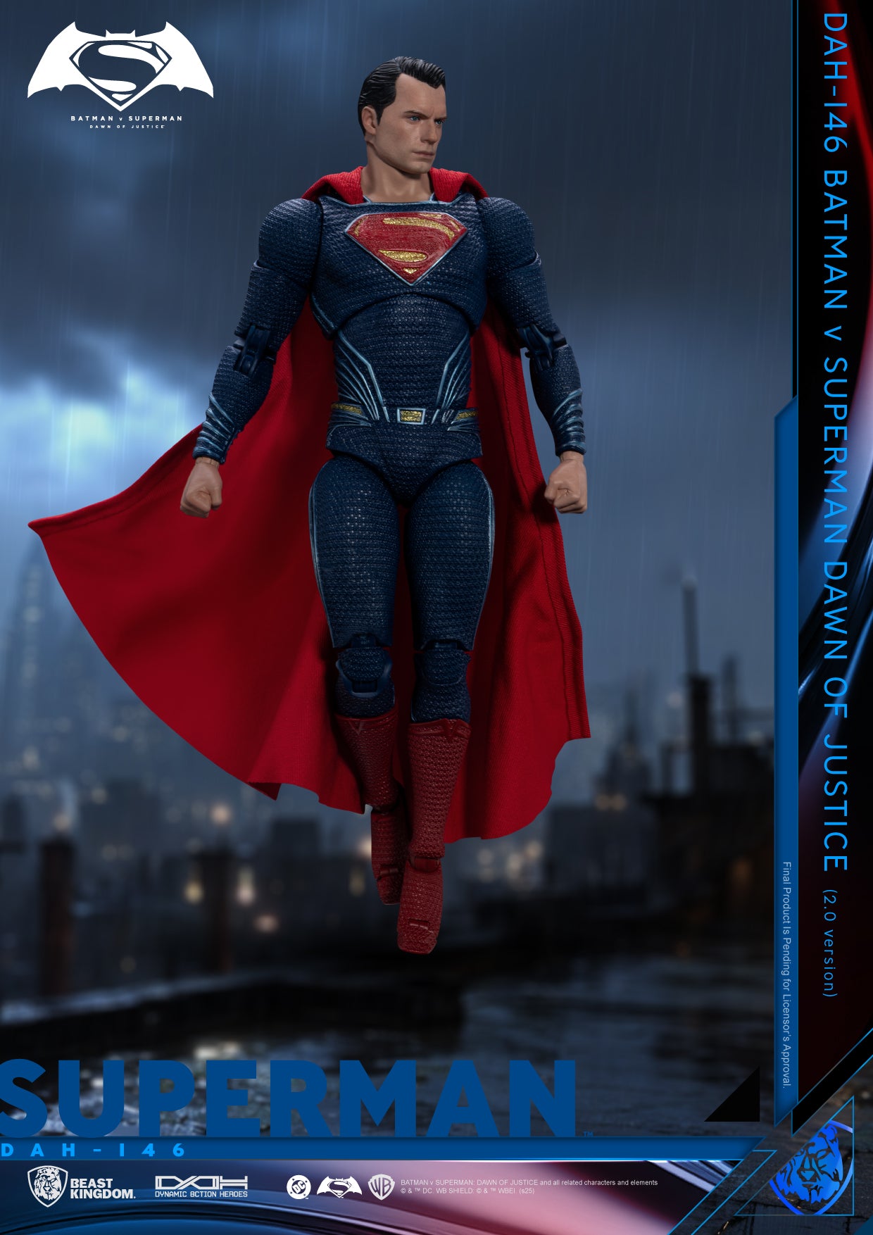 Superman action figure with red cape against a cityscape background