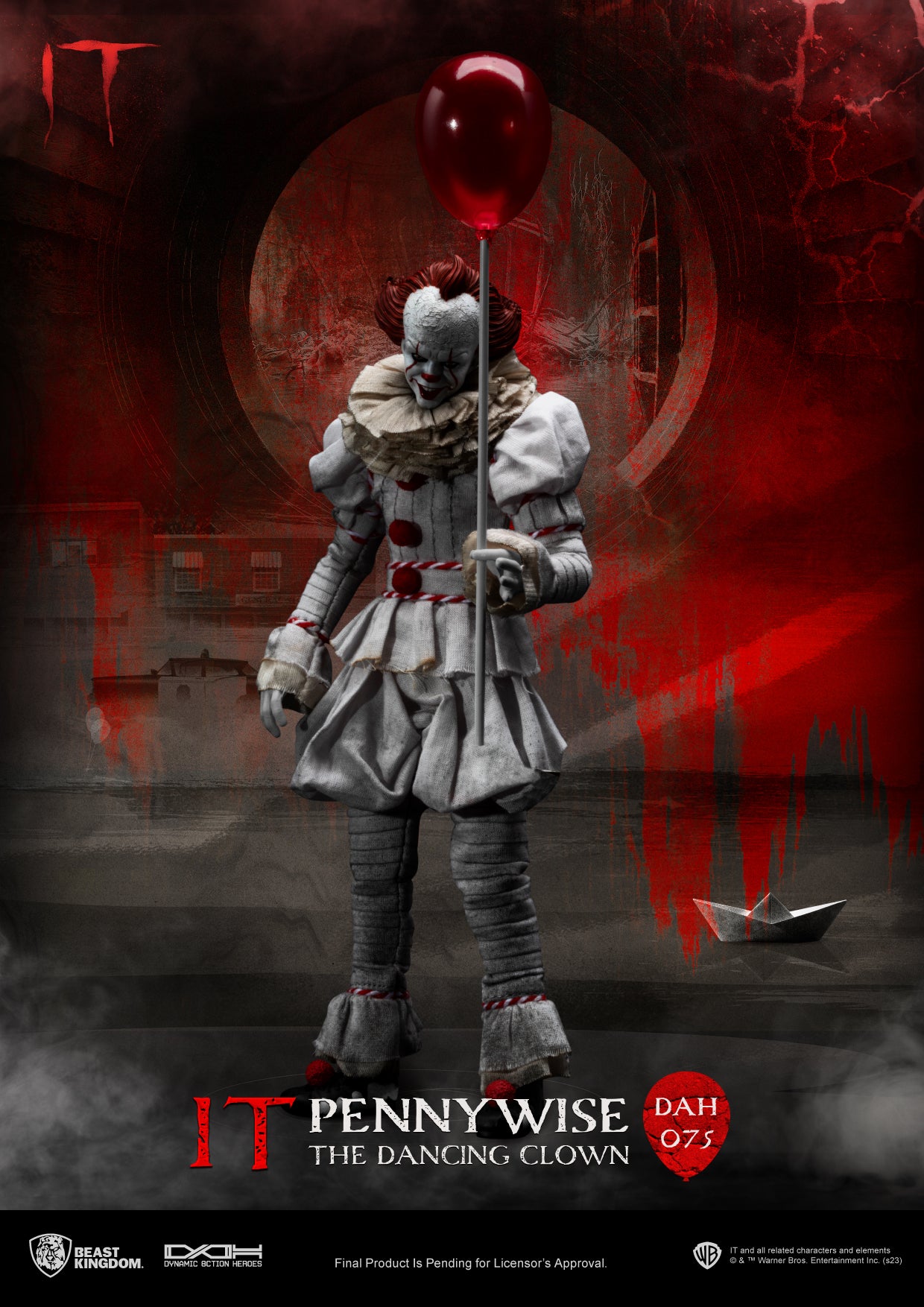 A highly detailed action figure of Pennywise the clown from the movie IT, featuring a weathered white dress and iconic red balloon, set against a red and black themed backdrop.