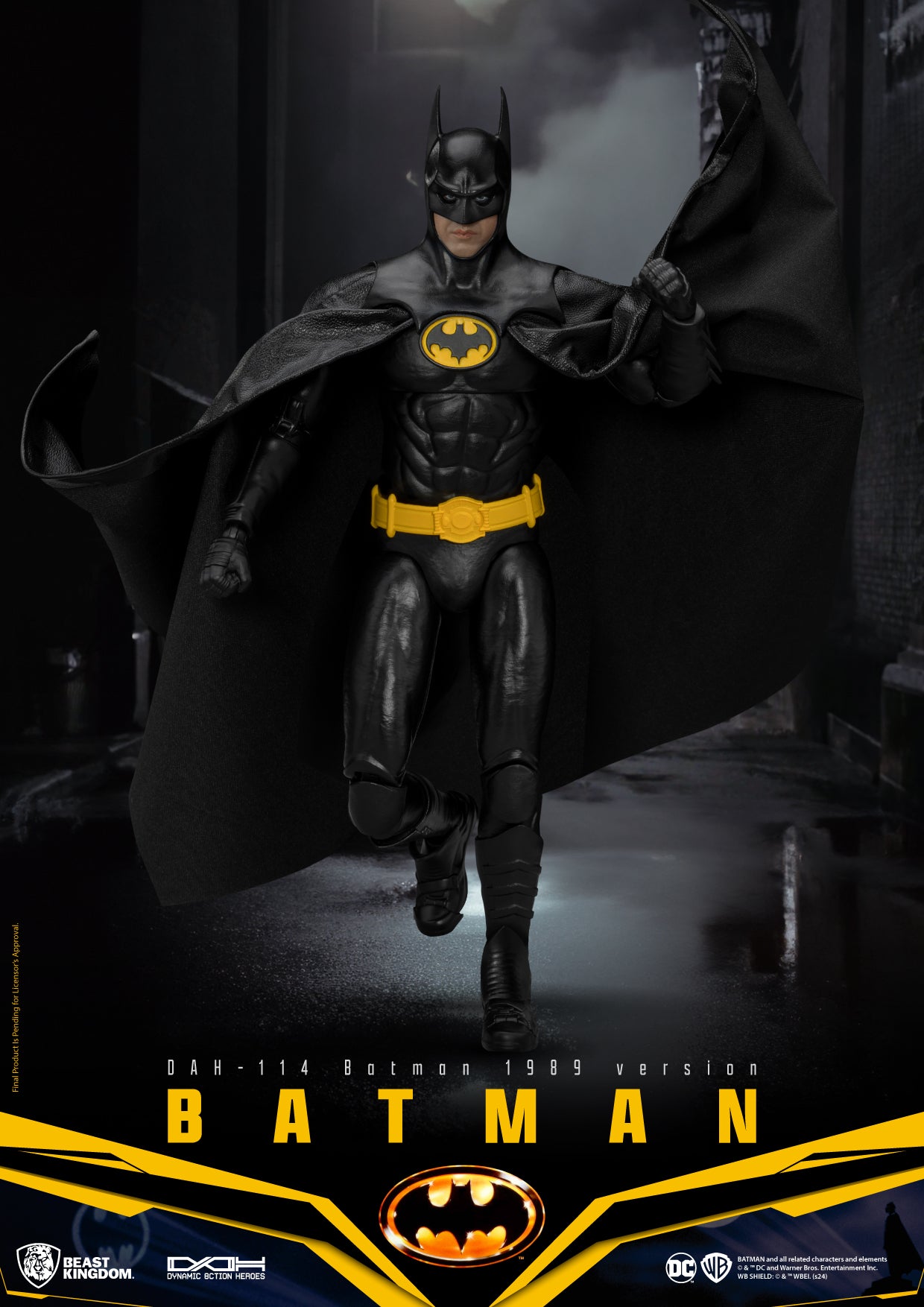 A Batman action figure representing the 1989 version, wearing the iconic black and yellow costume, with a fabric cape, and displaying multiple points of articulation.