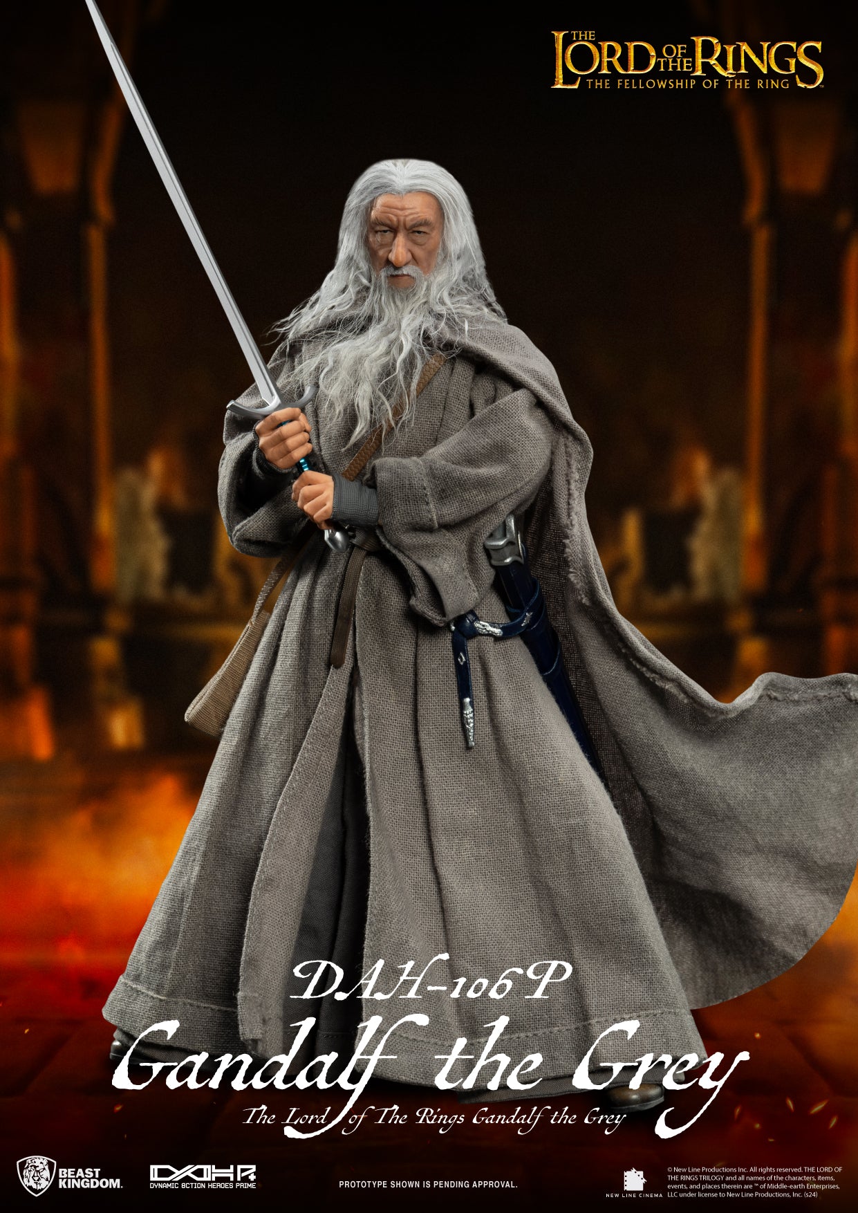 A Gandalf the Grey action figure from The Lord of the Rings, wearing his gray robe, holding a sword, with a staff at his side.