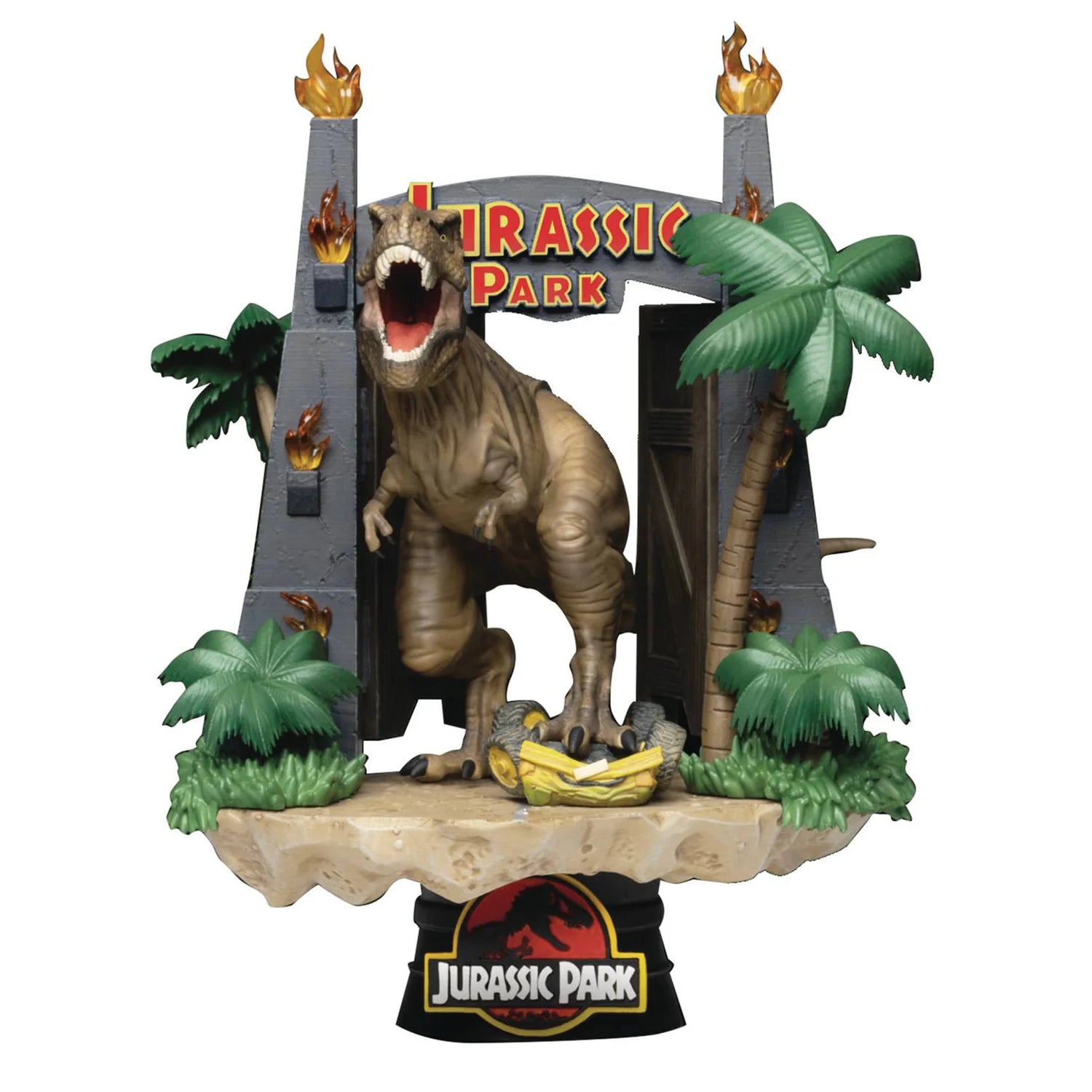 Jurassic Park Gate Diorama with white background. Diorama shows Iconic T rex escaping the Jurassic Park gates. 