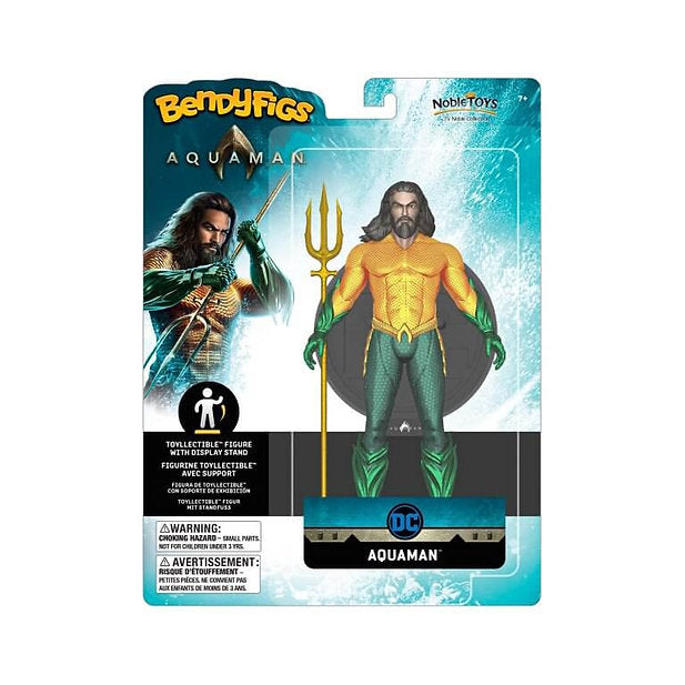 Aquaman action figure in packaging with BendyFigs and NobleToys branding.