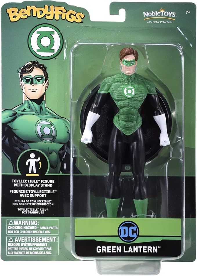 Green Lantern action figure in packaging with BendyFigs and Noble Toys branding.