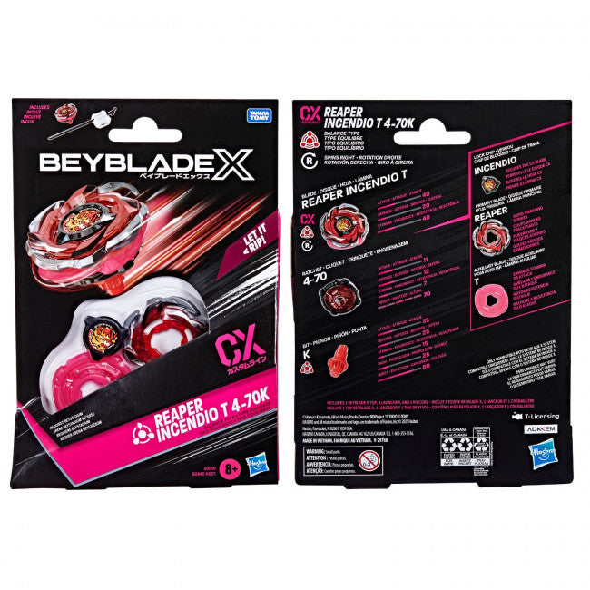 Beyblade packaging with front and back views on a white background